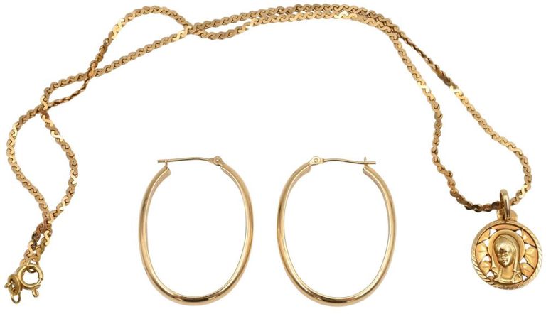 18k yellow gold chain with pendant and 14k yellow gold loop earrings