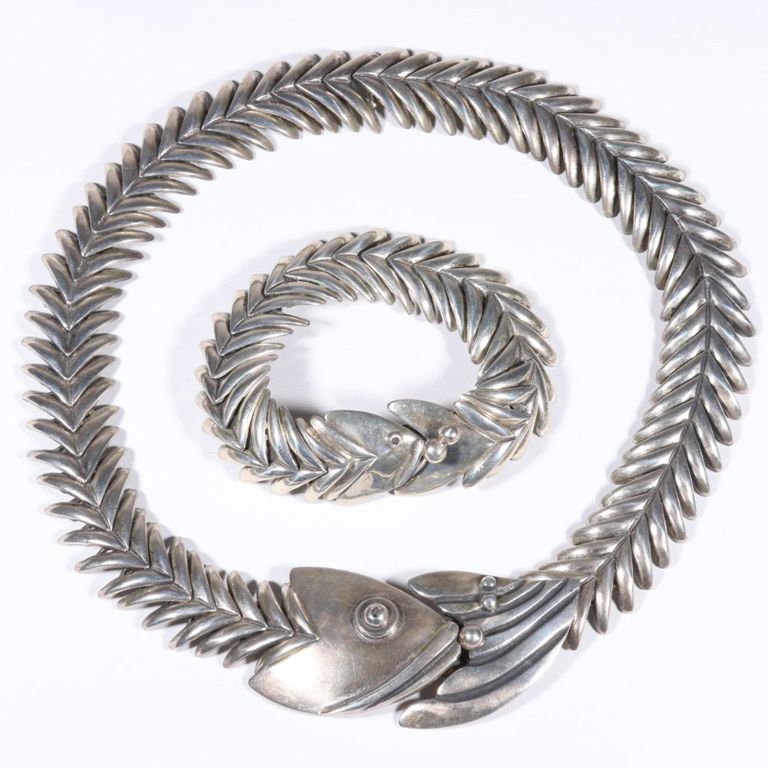 Sterling silver articulated fishbone necklace and matching bracelet