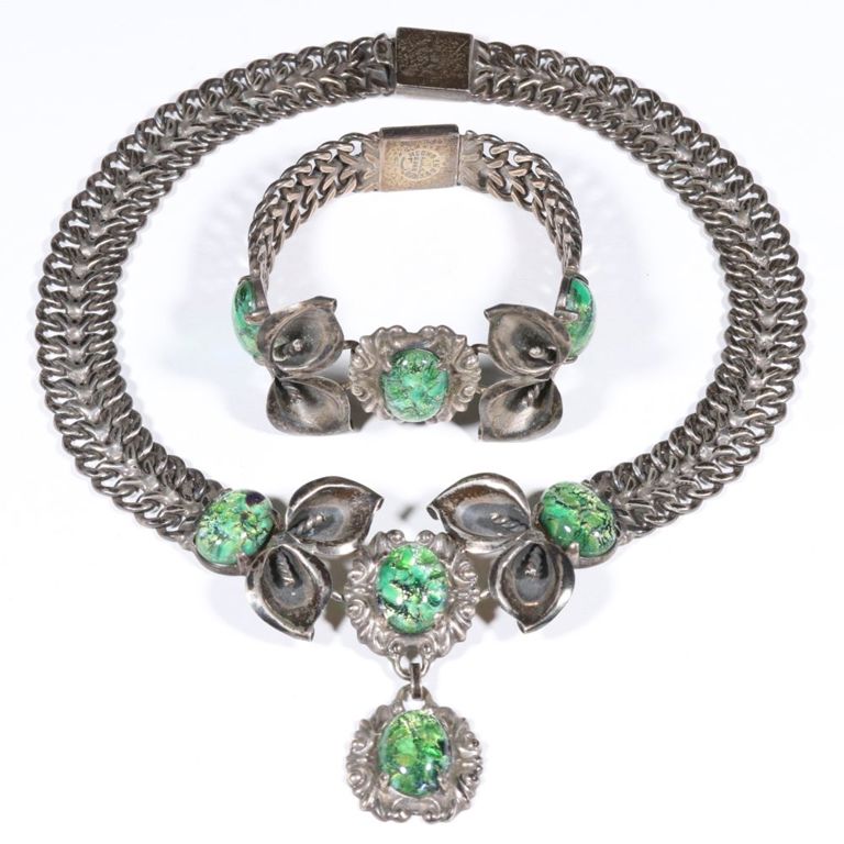 Sterling silver art glass necklace and matching bracelet