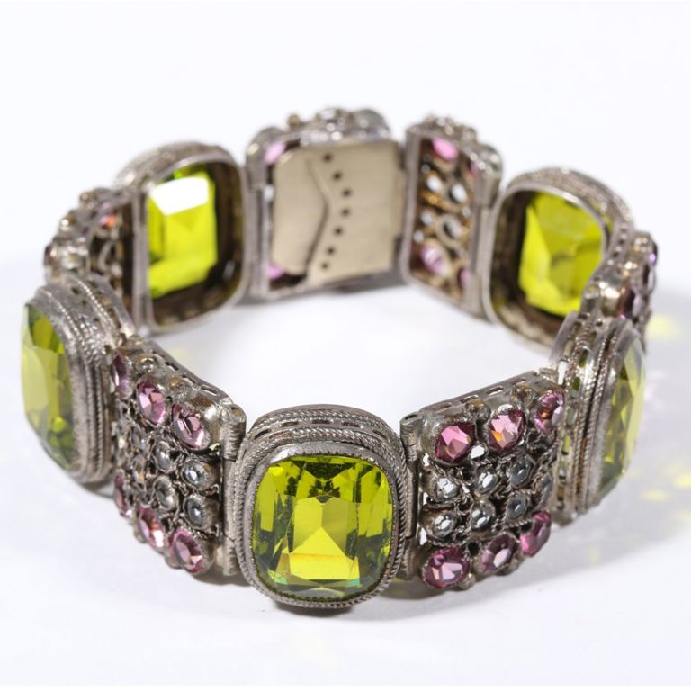 Silver bracelet with green glass and pink and clear rhinestones