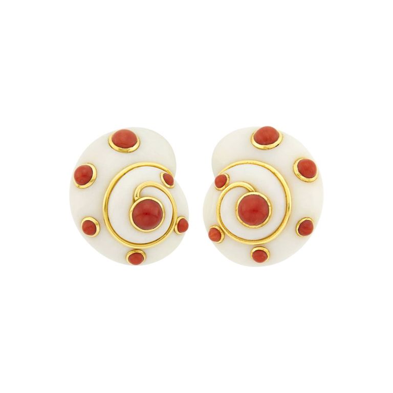 18k gold earclips with white cacholong and coral by Verdura