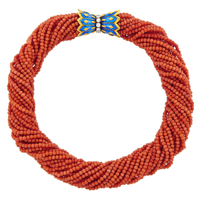 Multistrand coral bead torsade necklace
