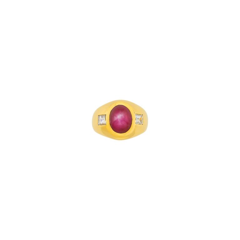 18k gold gypsy ring with star ruby and diamond