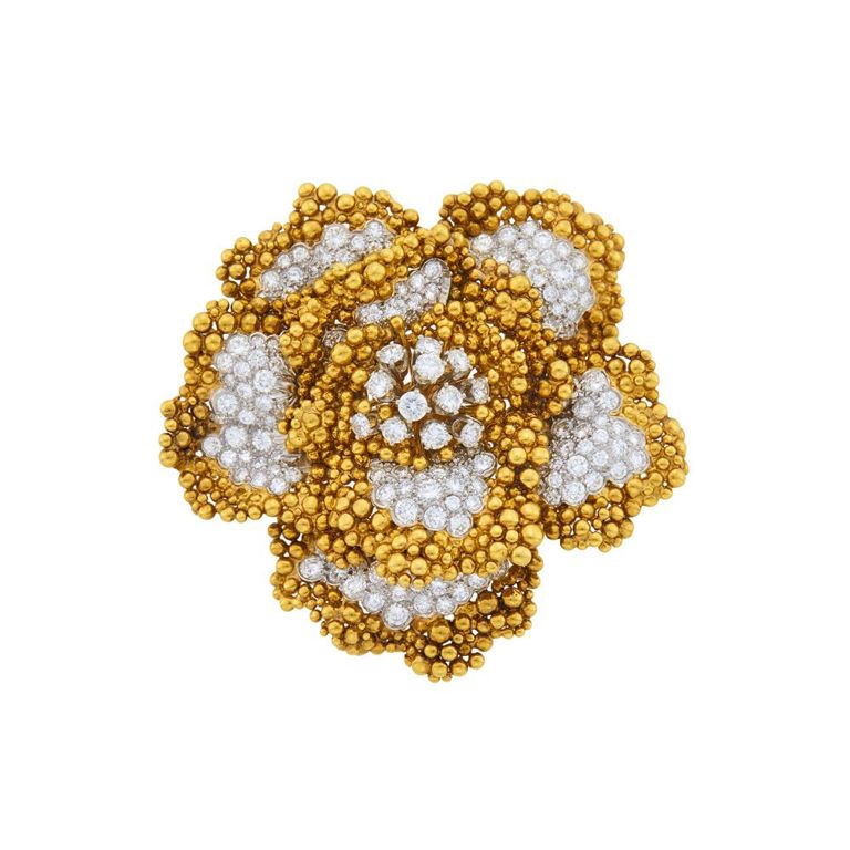 David Webb gold, platinum, and diamond flower clip-brooch