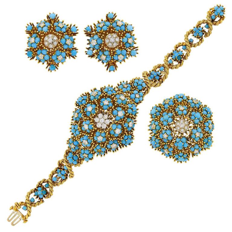 Suite of two-color gold jewelry with turquoise and diamond