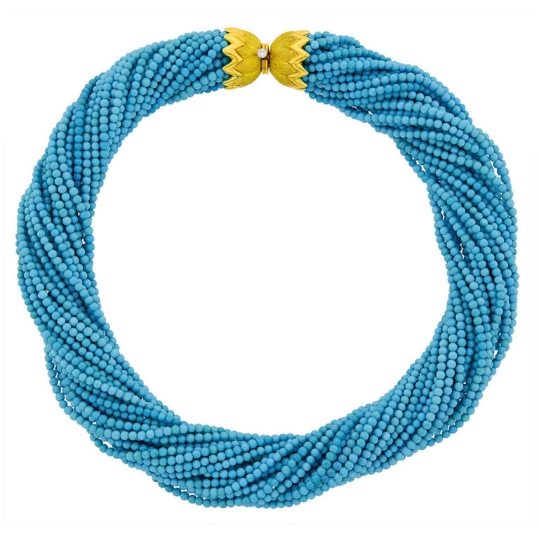 Multistrand turquoise bead torsade necklace