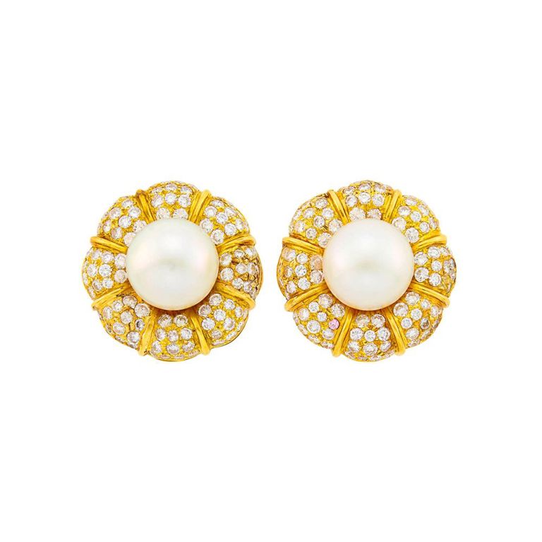 18k gold earclips with South Sea cultured pearl and diamond