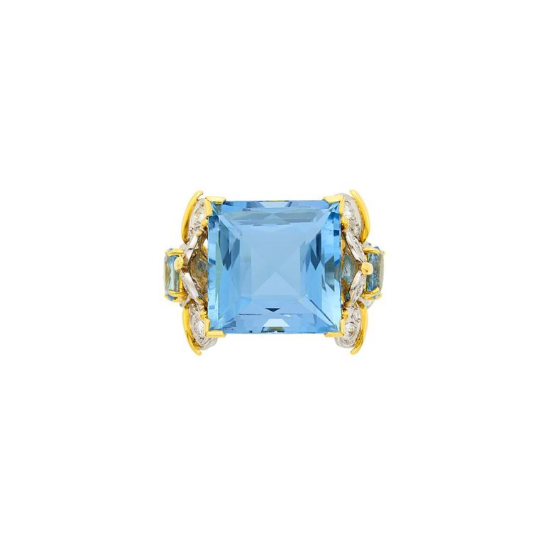 18k two-color gold ring with aquamarine and diamond