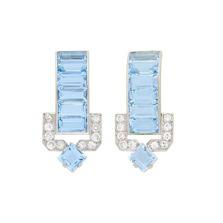 Pair of platinum clip-brooches with aquamarine and diamond