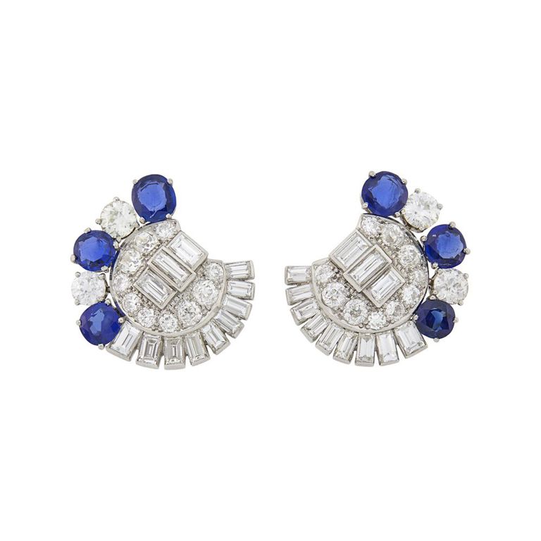 Pair of platinum earclips with sapphire and diamond