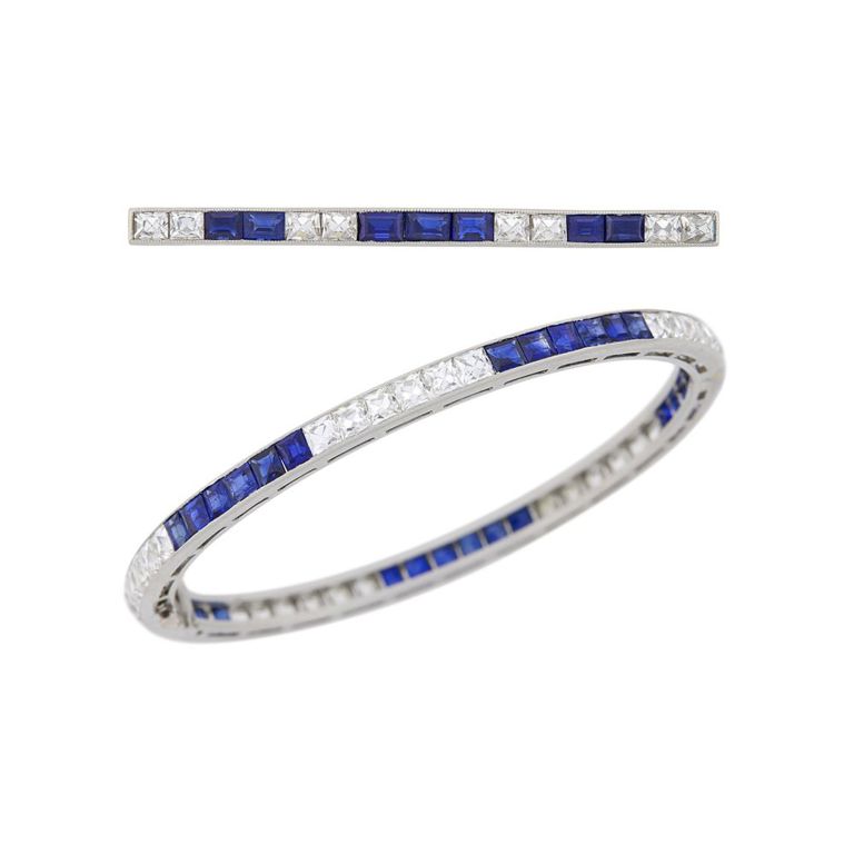Platinum bangle bracelet and bar pin with sapphire and diamond