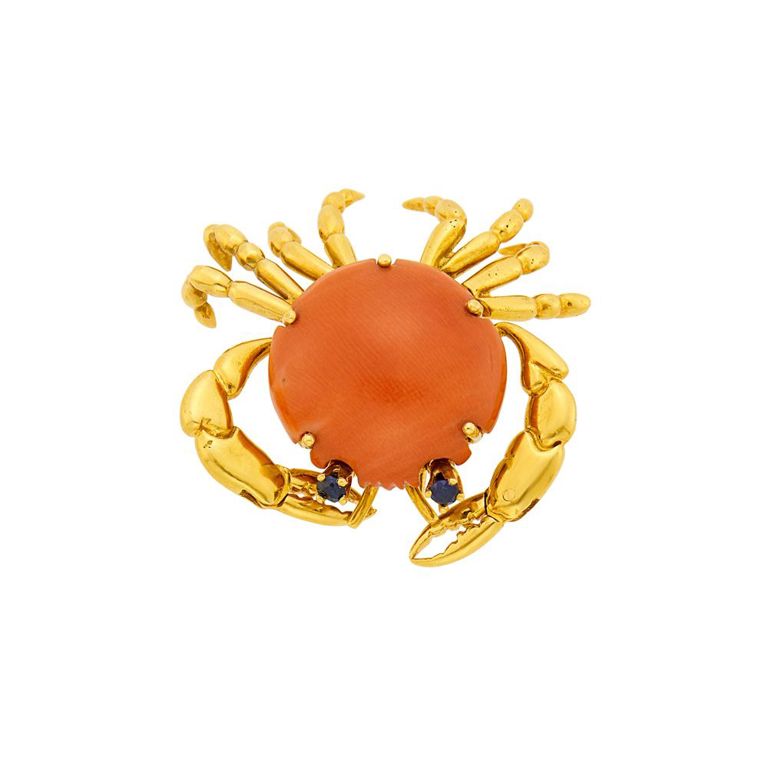 Mellerio gold crab clip-brooch with coral and sapphire
