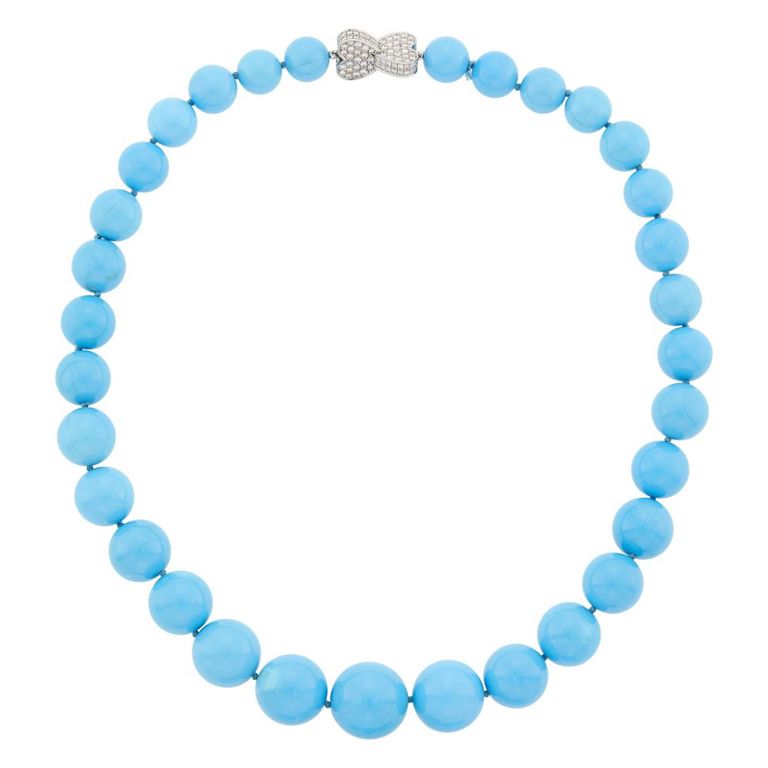 18k white gold turquoise bead necklace with diamond clasp