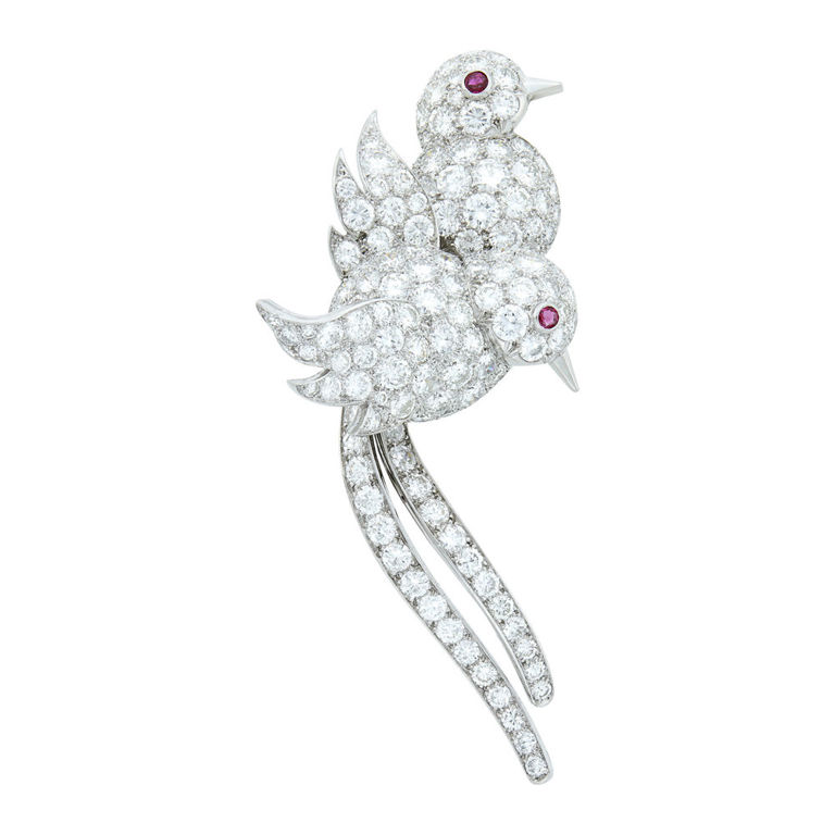 Platinum love bird clip-brooch with diamond and ruby