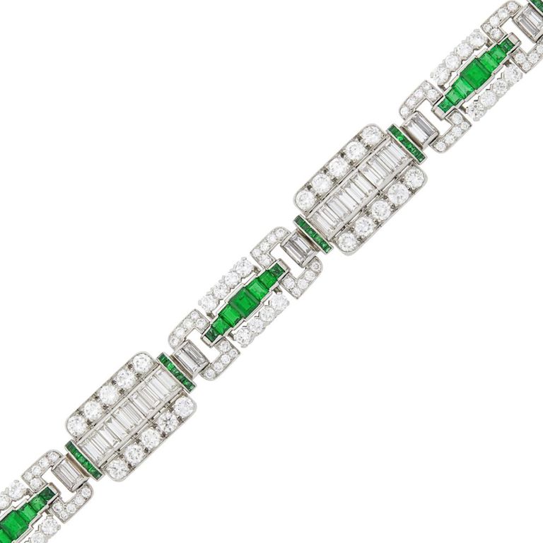 Platinum bracelet with diamond and emerald