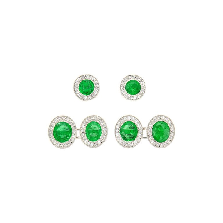 Platinum cufflinks and two studs with emerald and diamond