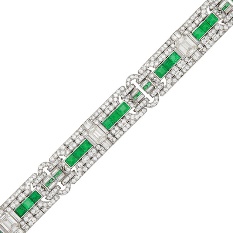 Platinum bracelet with diamond and emerald