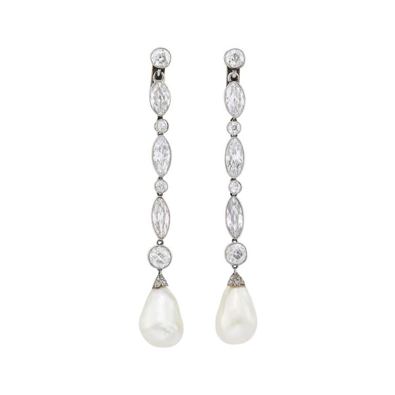 Platinum diamond and natural pearl pendant-earclips