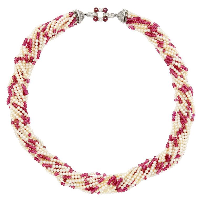 Multistrand pearl and ruby bead necklace with platinum diamond clasp