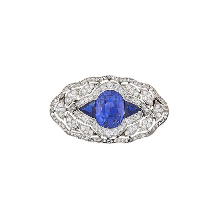 Platinum color-change sapphire, sapphire and diamond brooch