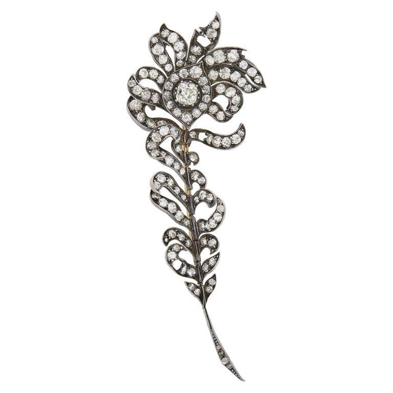 Antique gold silver diamond feather brooch