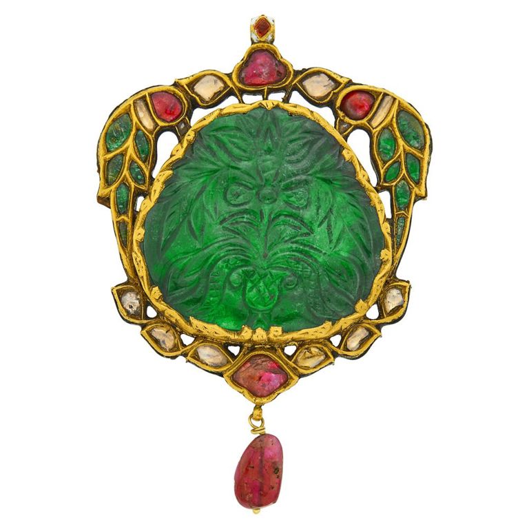 Indian gold carved foil-backed emerald ruby and diamond bead pendant