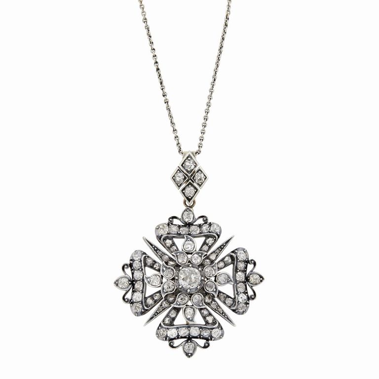 Antique diamond Maltese cross pendant with platinum chain necklace