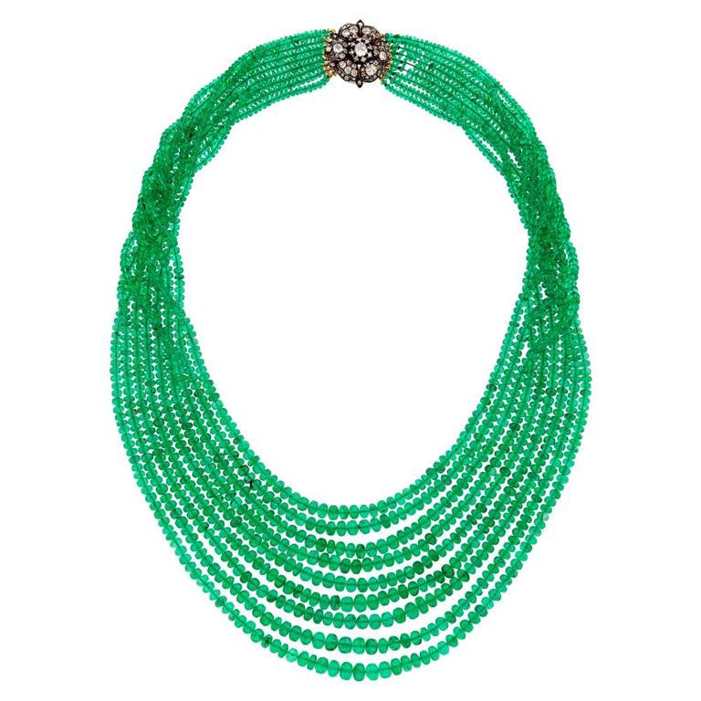 Nine strand emerald bead necklace with diamond flower clasp
