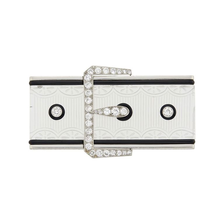 Black Starr & Frost platinum rock crystal diamond enamel brooch