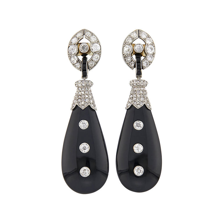 Pair of platinum black onyx diamond pendant earrings