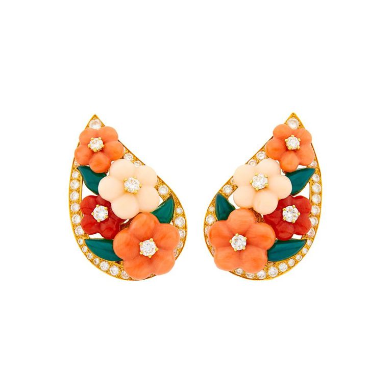 18k gold earclips with coral, onyx and diamond