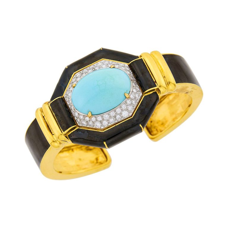 Gold platinum black enamel turquoise diamond cuff bangle bracelet