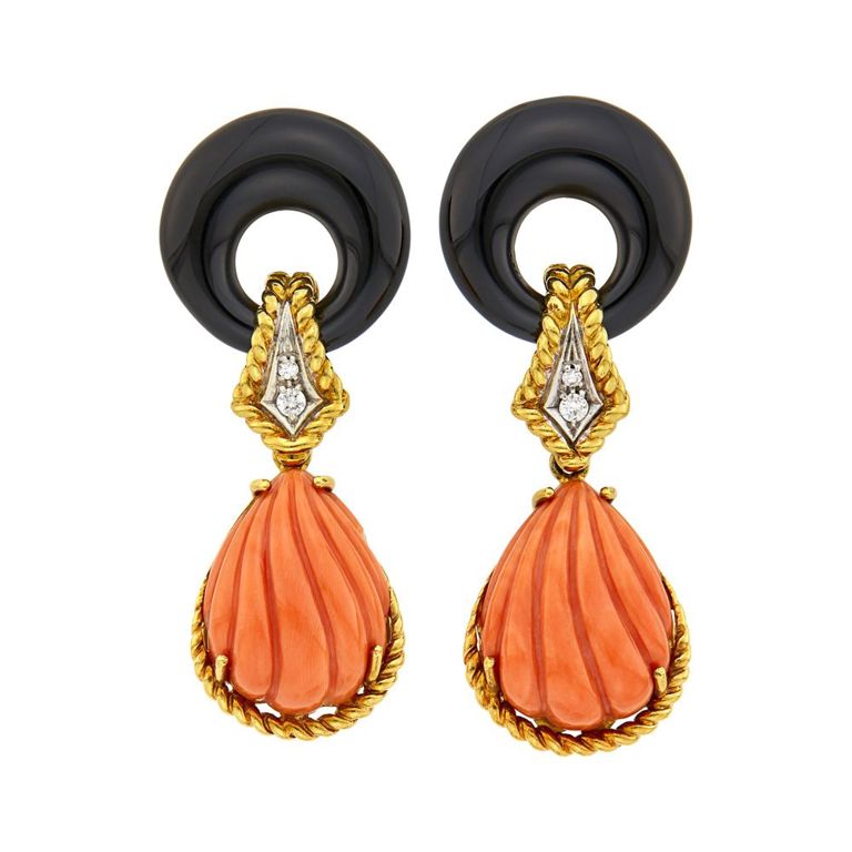Pair of two-color gold black onyx coral diamond pendant-earclips
