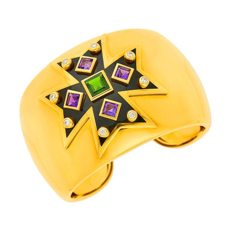 Verdura gold colored stone black enamel diamond Maltese cross cuff bracelet