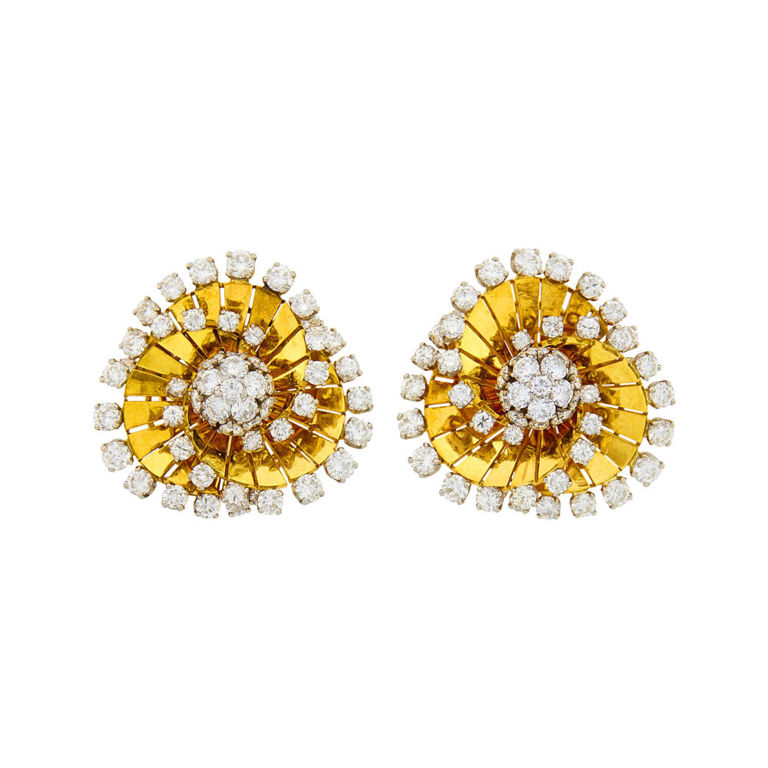 Pair of gold platinum diamond 'Tourbillon' earclips
