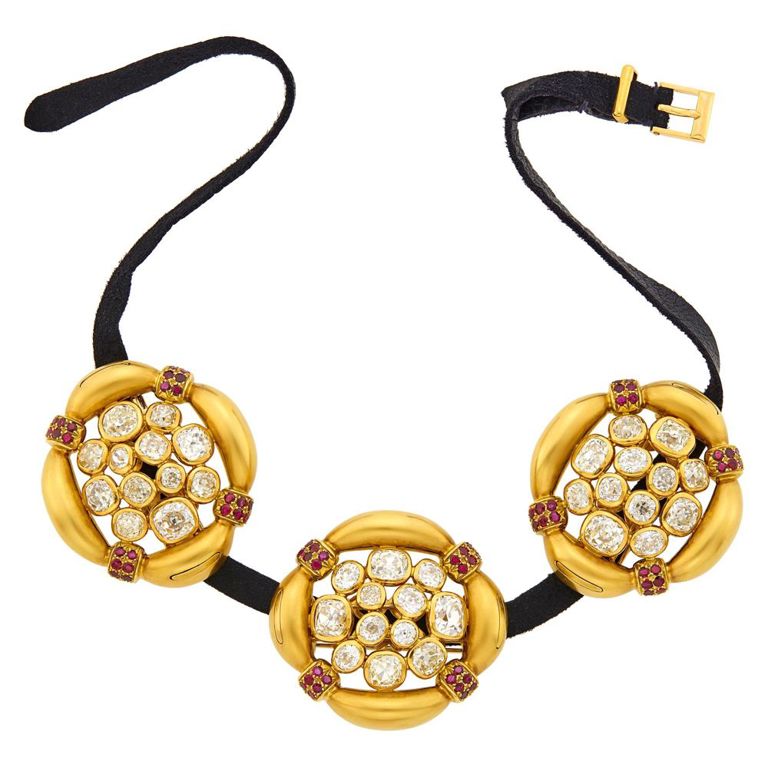 René Boivin three gold diamond ruby pendant clip-brooches with suede necklaces