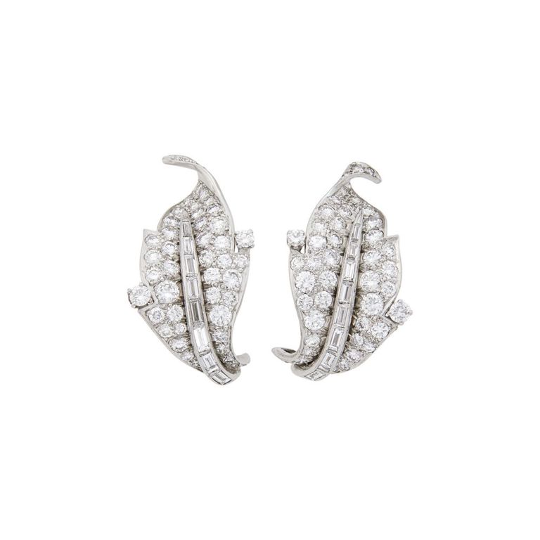Pair of platinum diamond leaf earclips