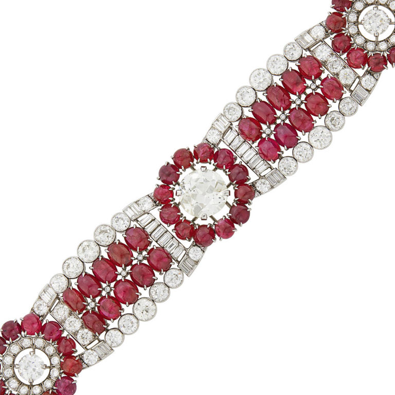 Wide platinum diamond cabochon ruby bracelet