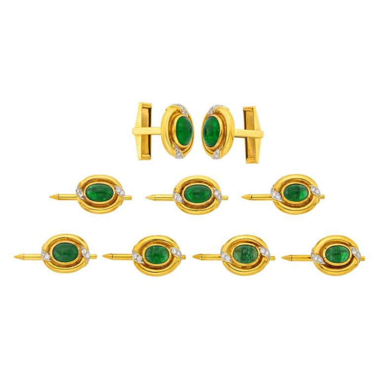 18k yellow and white gold dress set with emerald and diamond