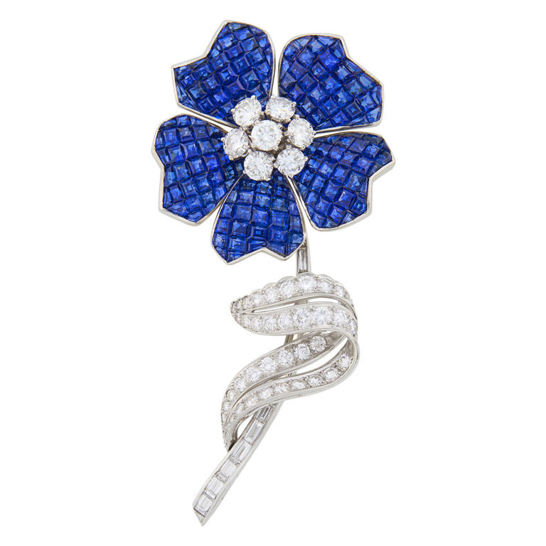 Platinum invisibly-set sapphire diamond flower clip-brooch