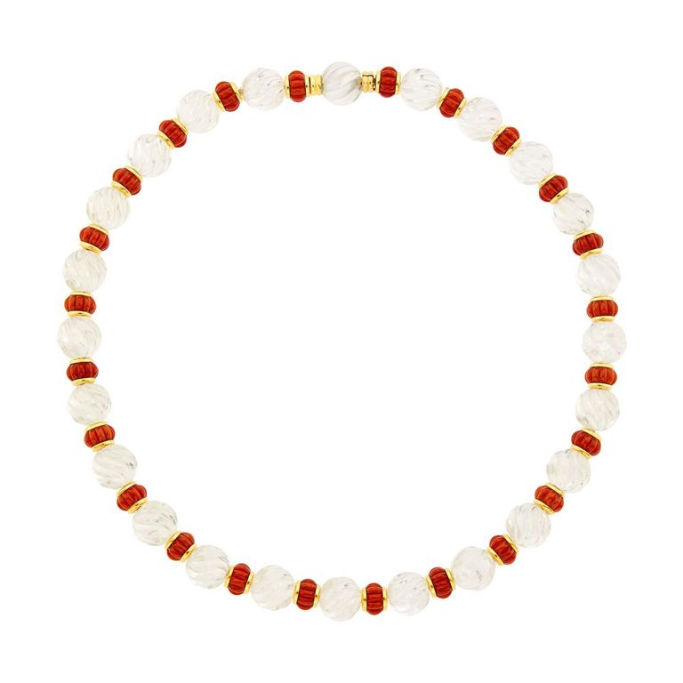 18k gold fluted rock crystal and coral bead necklace by Bulgari
