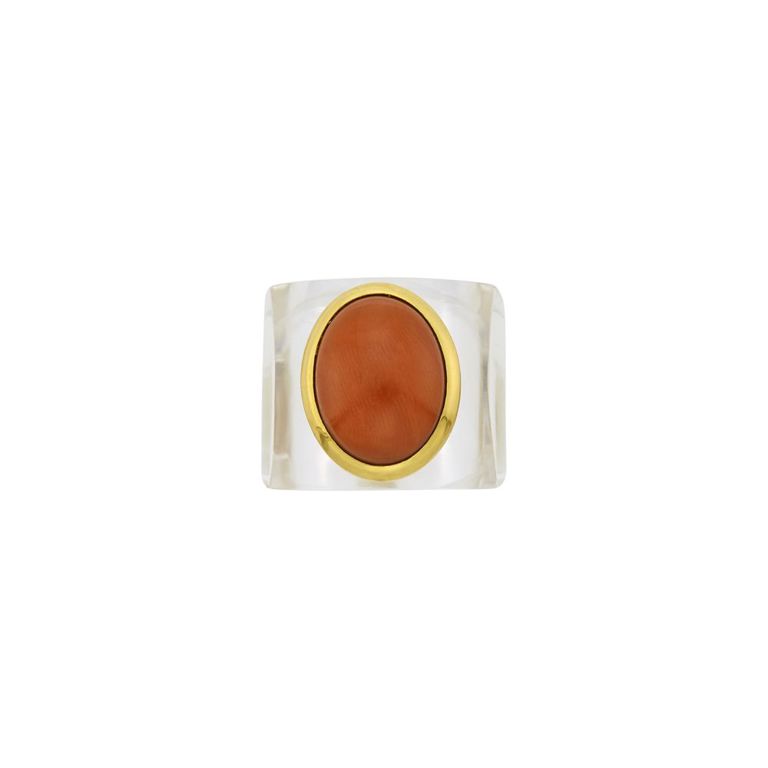 Carved rock crystal, gold and coral ring
