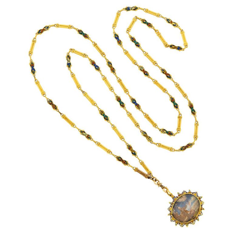 ntique gold and Swiss enamel chain necklace