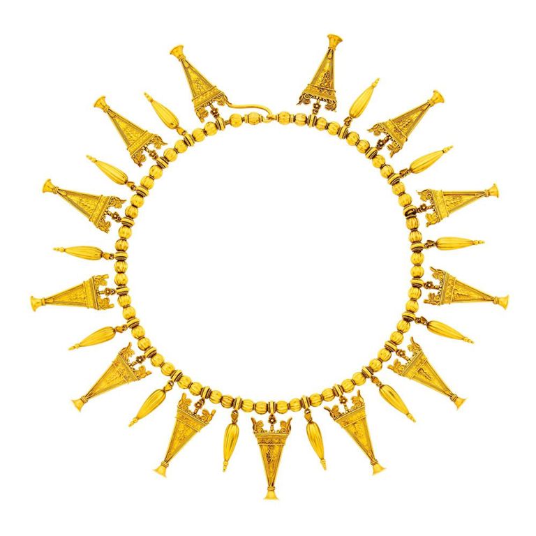 Archaeological revival gold bead fringe necklace