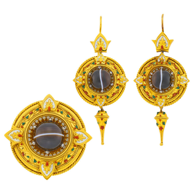 Archaeological revival gold brooch and pendant-earrings