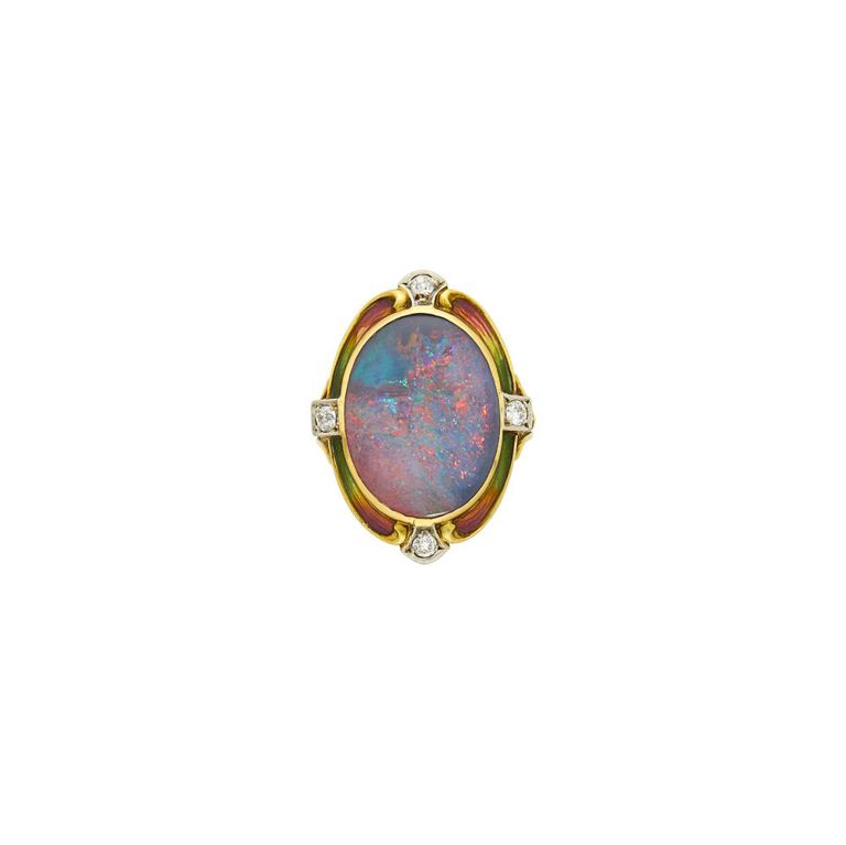 Antique gold and platinum ring with black opal, enamel and diamond