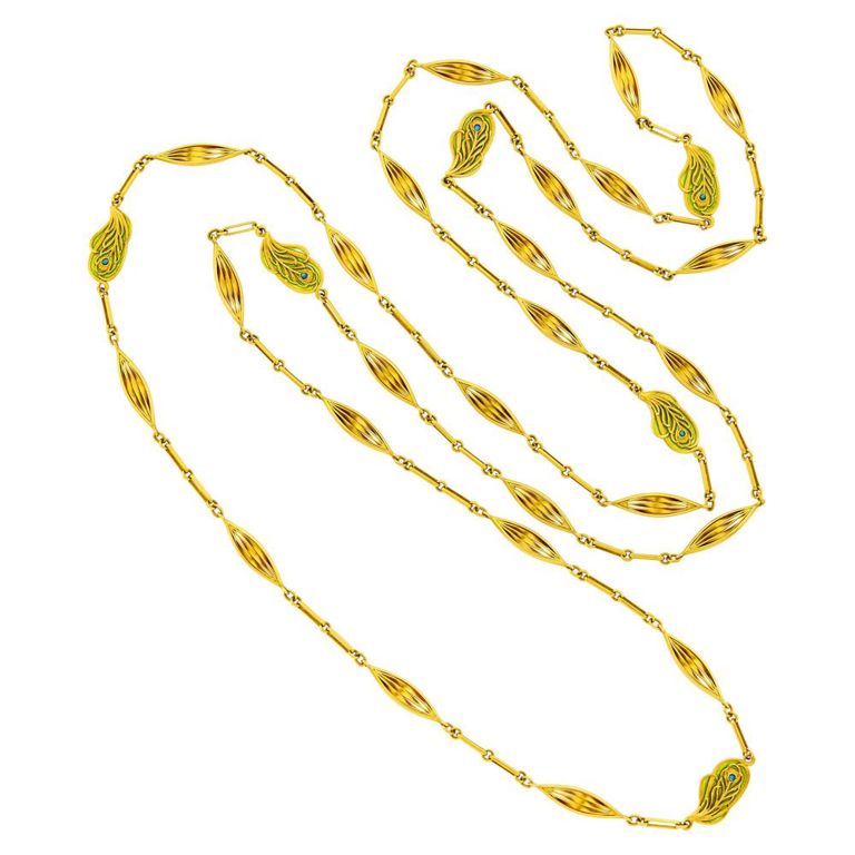 18k gold Art Nouveau chain necklace with plique-à-jour enamel