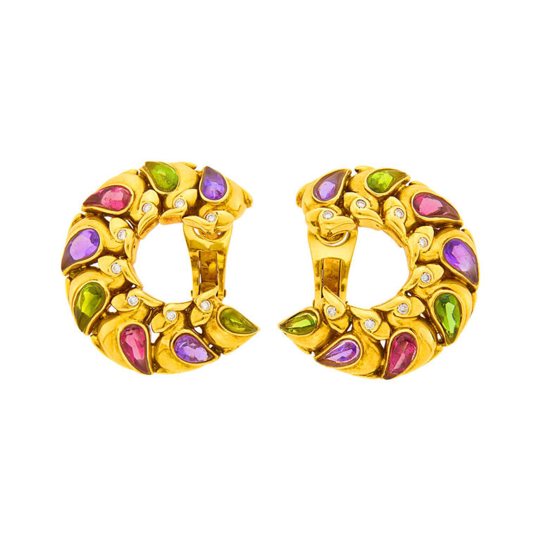 18k gold crescent earclips with colored stones and diamond