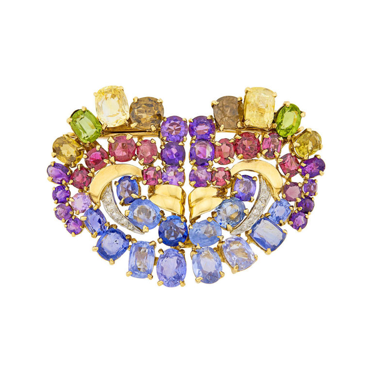Gold and platinum double clip-brooch with colored stones and diamond