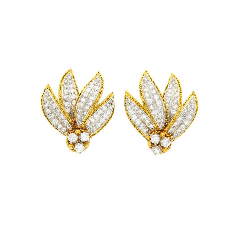 18k gold and platinum leaf earclips with diamond